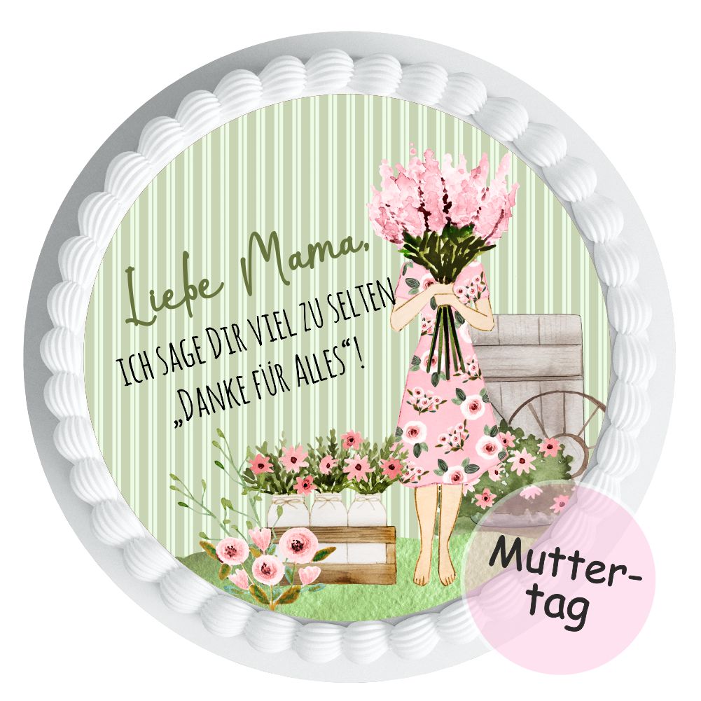 Tortenaufleger Muttertag - Eine Frau hält einen Blumenstrauß. Das Design ist watercolor. Die Pastell Grundfarben sind grün und rosa. Die Frau und die Blumen sind auf einem grün weiß gestreiften Hintergrund zu sehen