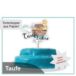 Cake Topper aus Papier im Konturenschnitt. Tiere der Arche Noah und Aufschrift des Täuflings sind personalisiert. Wasserfarben Design