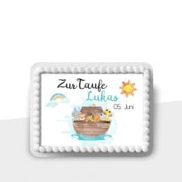 eckiger Tortenaufleger im Arche Noah Design, A4 und A3 quer, Wasserfarbendesign, Aufschrift ist personalisiert